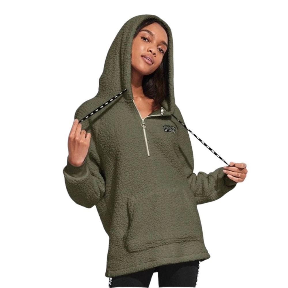 Victoria Secret PINK Sherpa Quarter zip hoodie in size medium. Olive green